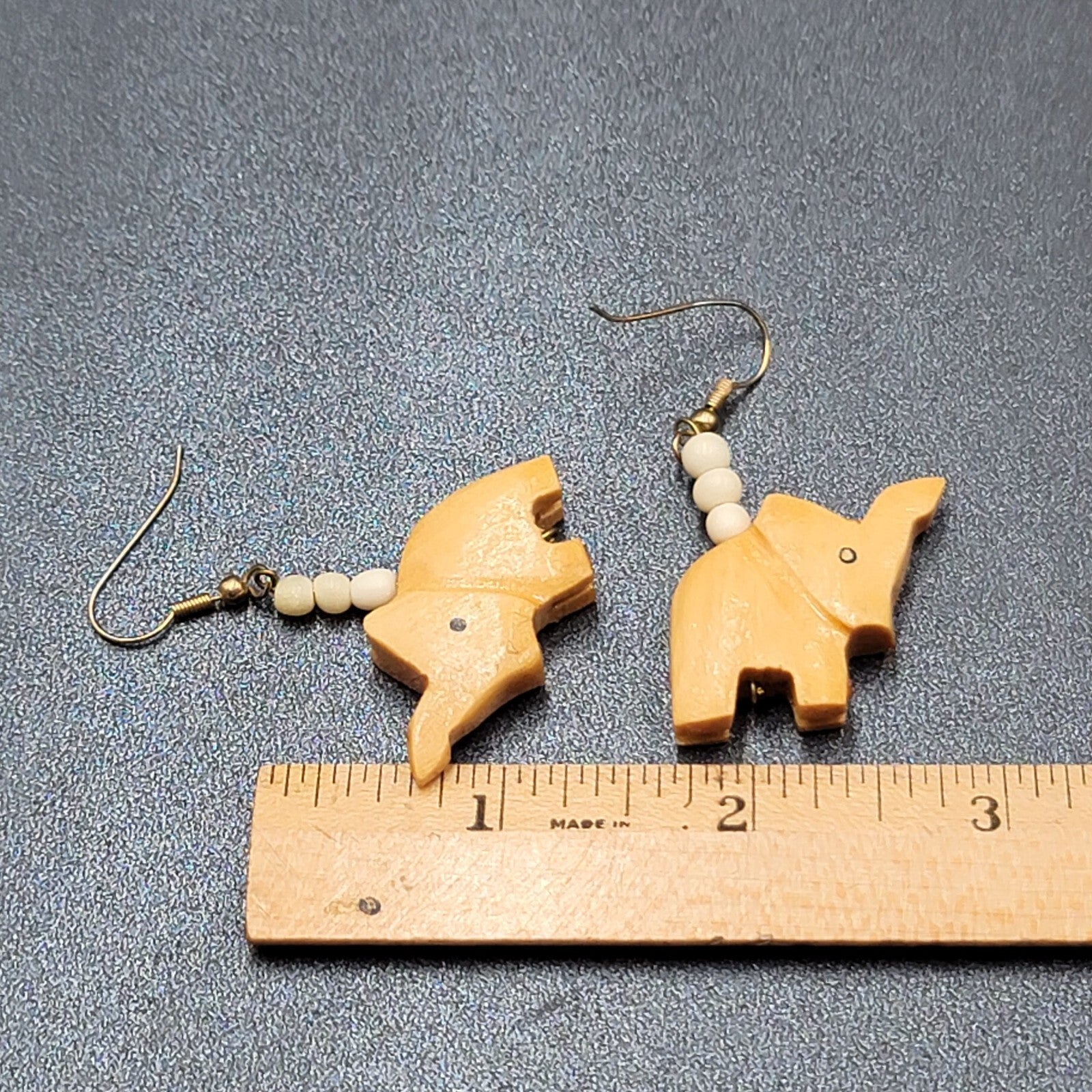 Vintage Pierced Earrings Solid Wood Hand Carved Elephant Dangle 1.5"