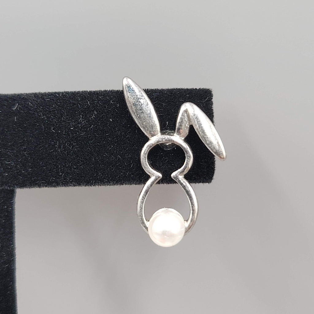 Bunny Rabbit Pierced Earrings Silver tone White Bead Tale Drop 1"