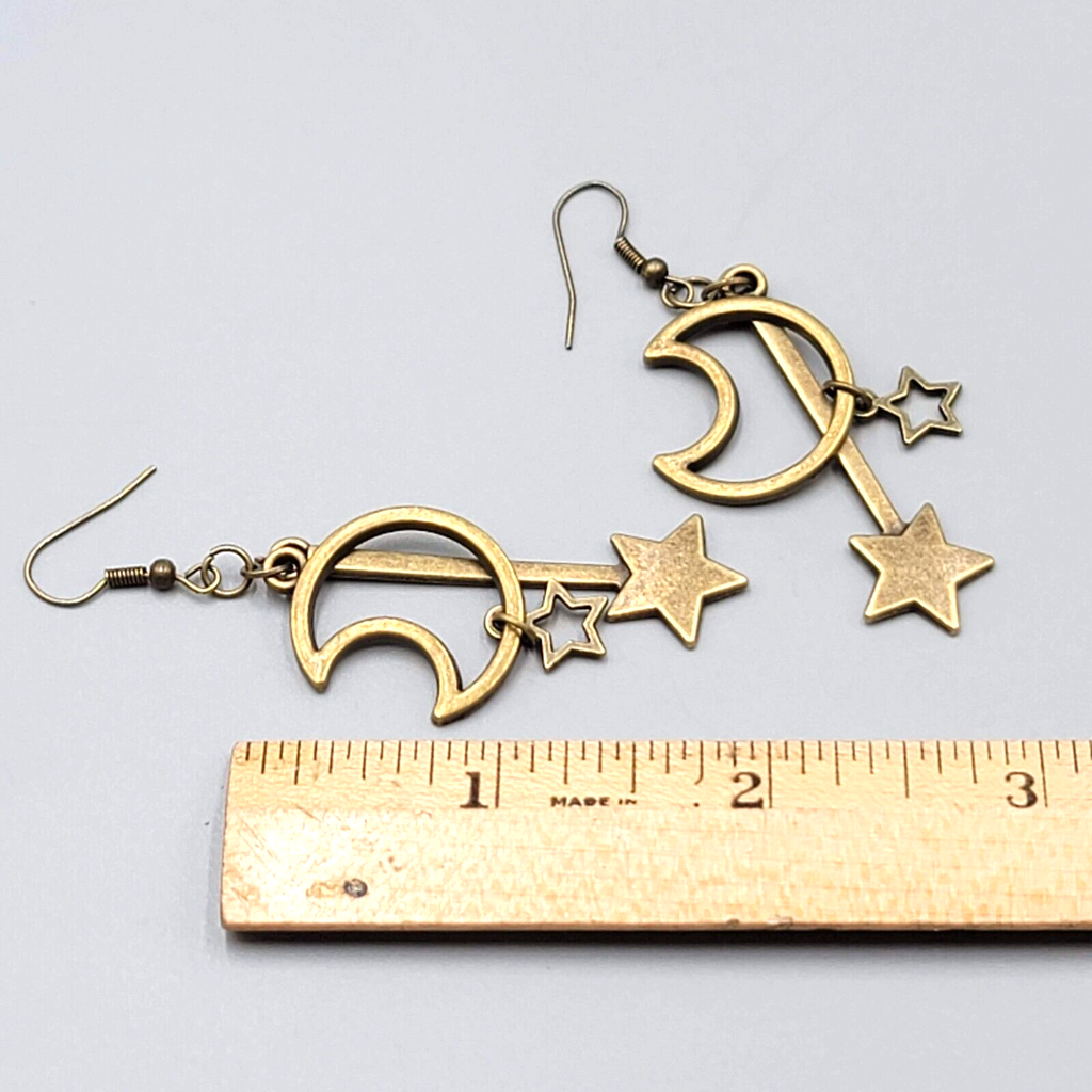 Open Work Moon Dangle Stars Pierced Earrings Bronze tone 2"