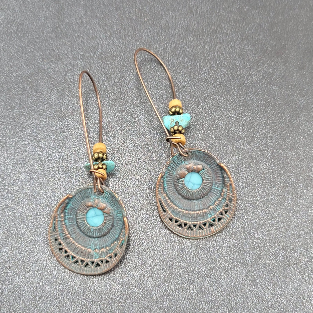 Boho Pierced Earrings Copper tone Faux Turquoise Dangle 2.25"