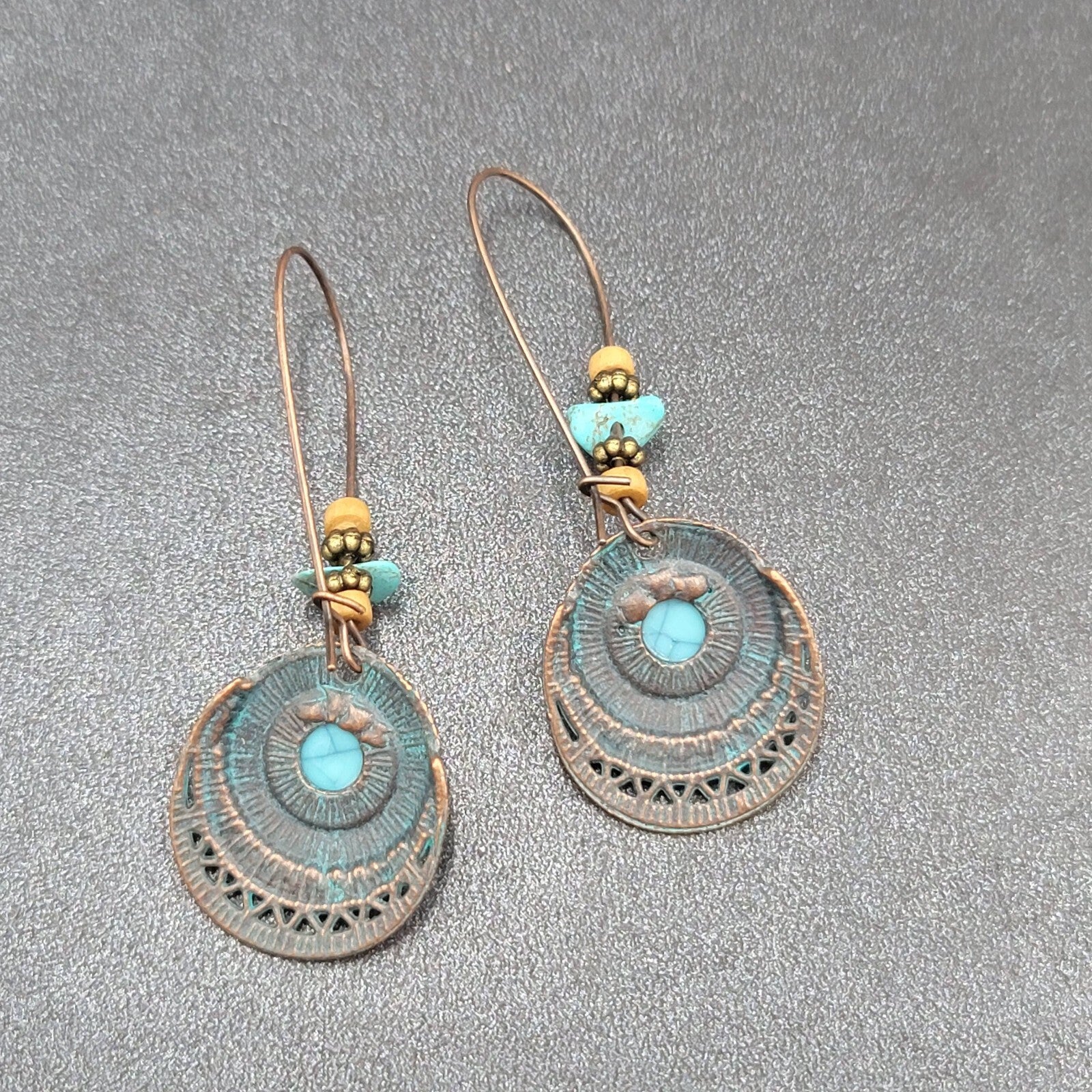 Boho Pierced Earrings Copper tone Faux Turquoise Dangle 2.25"