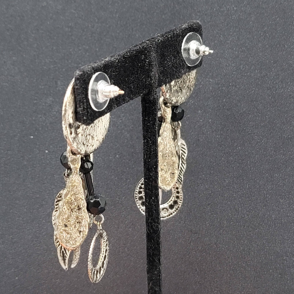 Boho Pierced Earrings Silver tone Black Beads Dangle Charms 2.25"