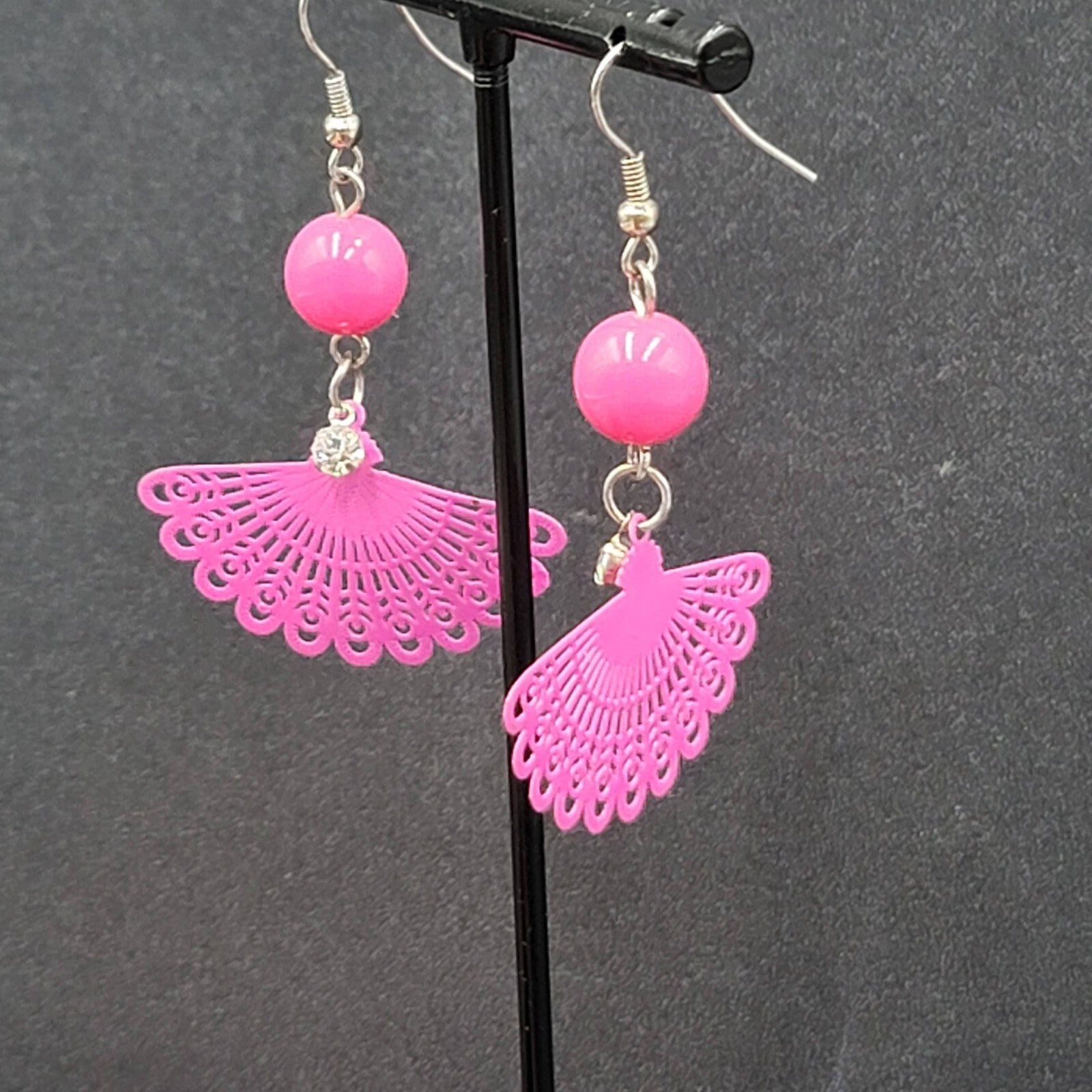 Pierced Earrings Hot Pink Enamel over Metal Fan Bead Dangle 1.75"