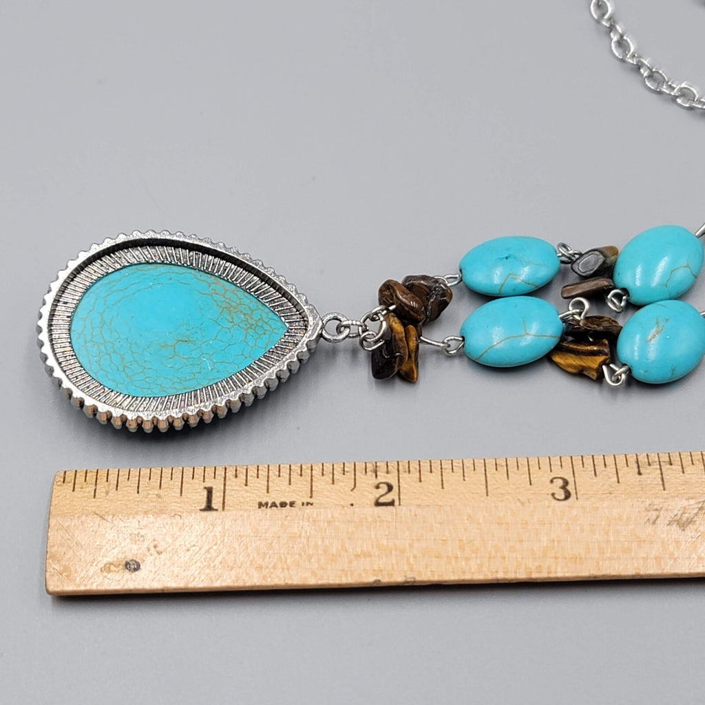 Blue Stone Bead Necklace Teardrop Pendant Silver tone 22"-25"