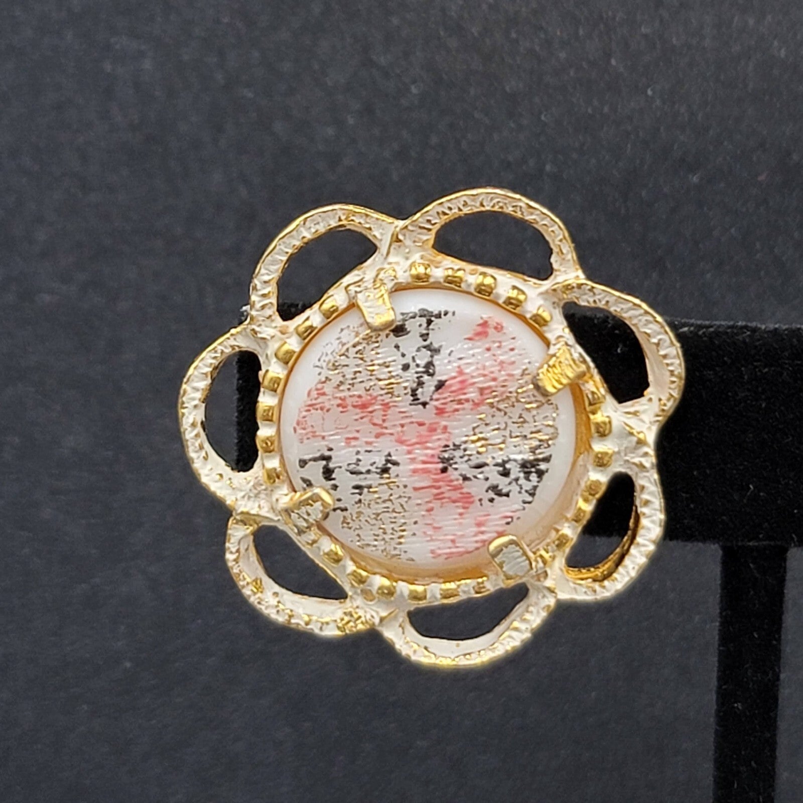 Vintage Clip on Earrings Gold tone White Pink Black Enamel Drop 1 1/8"