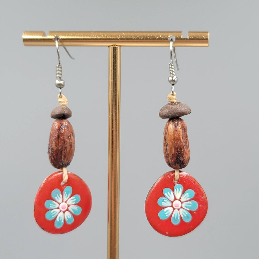 Artisan Bead Pierced Earrings Coffee Bean Seed Hand Painted Dangle 1.75"