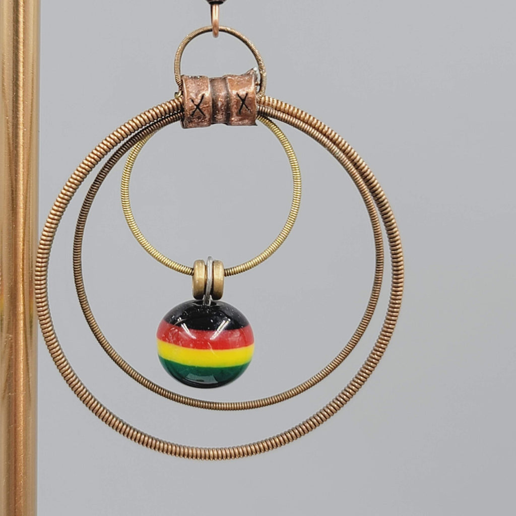 Guitar String Pierced Earrings Copper tone Multicolor Bead Dangle 1.75"