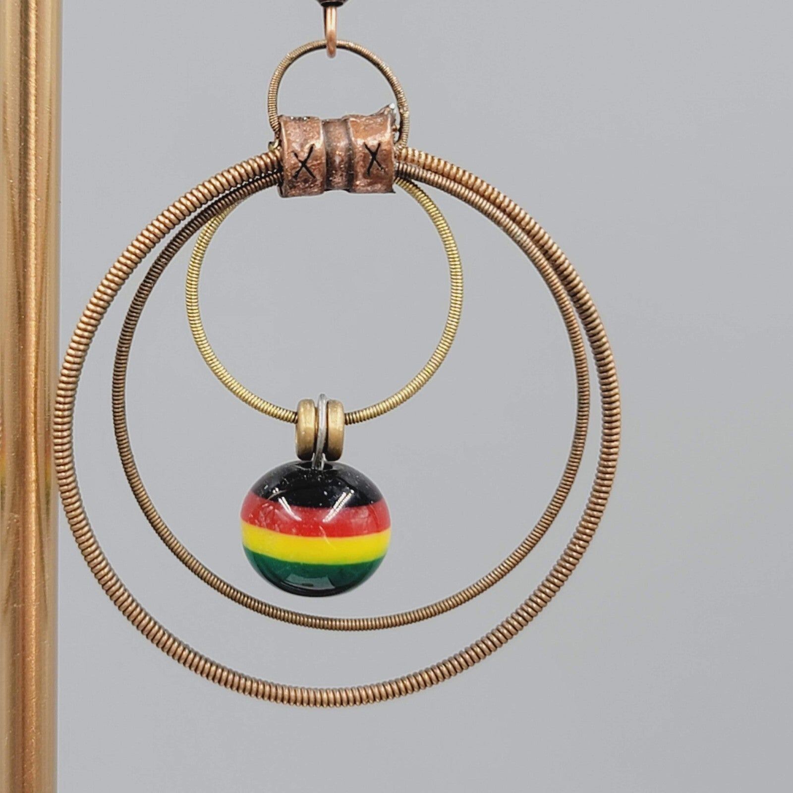 Guitar String Pierced Earrings Copper tone Multicolor Bead Dangle 1.75"