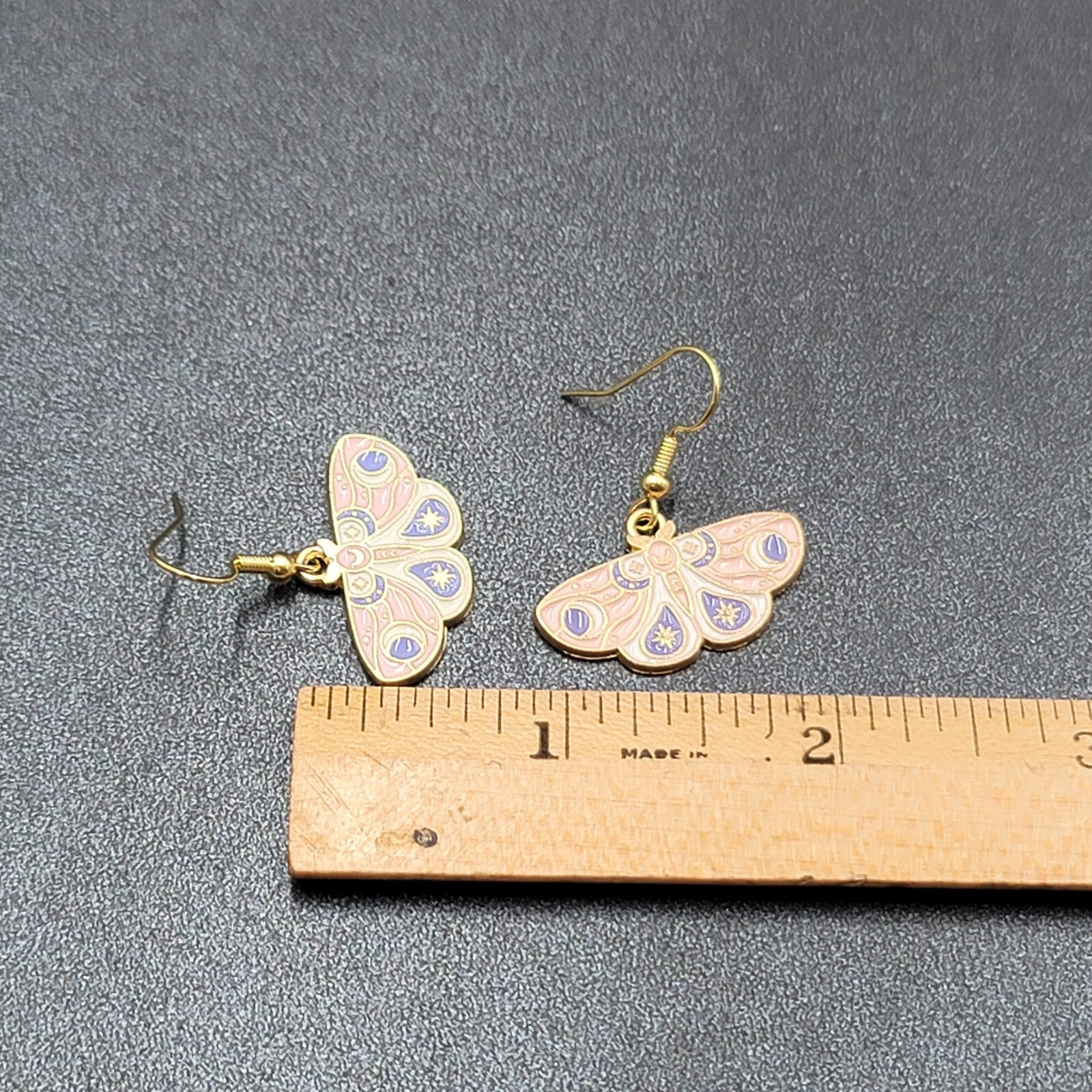 Moth Pierced Earrings Gold tone Pink Purple White Enamel Dangle 5/8"
