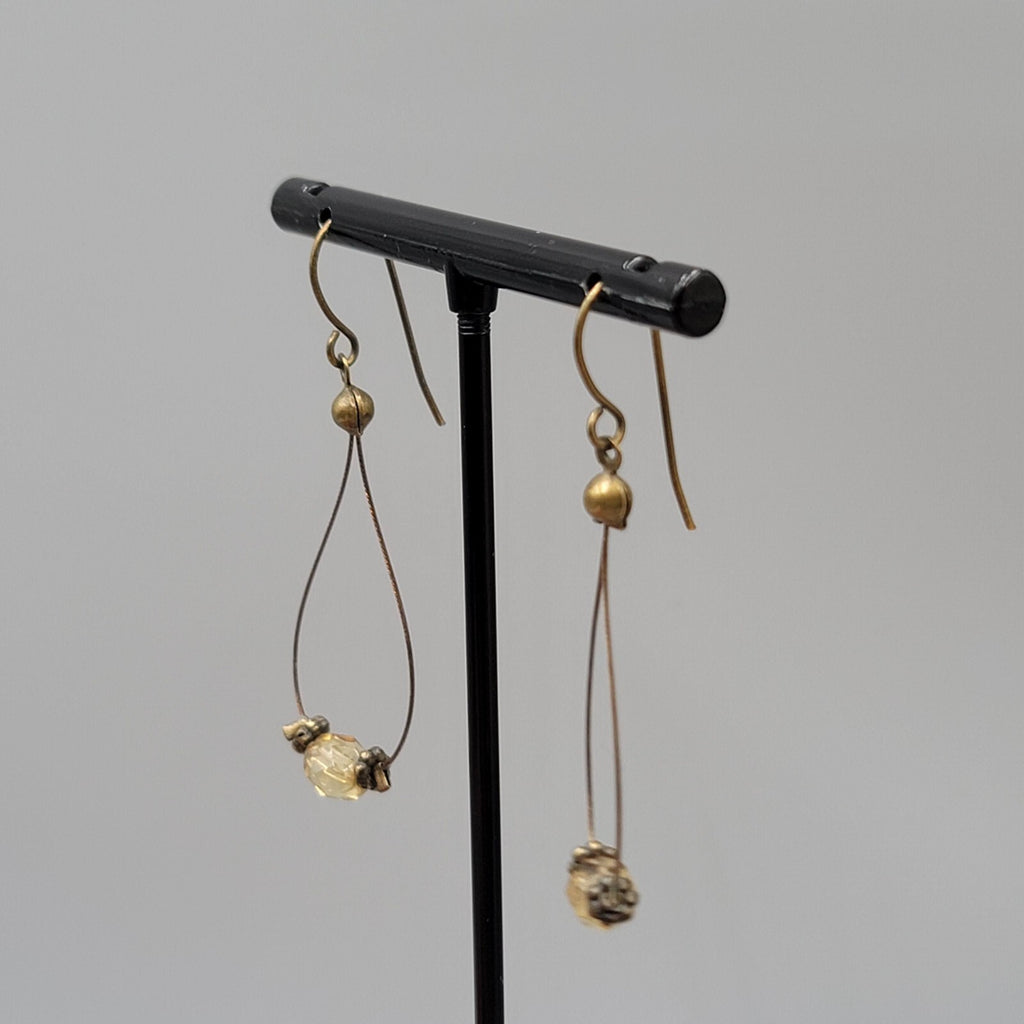 Pierced Earrings Bronze tone Teardrop Wire Yellow Glass Bead Dangle 1.5"