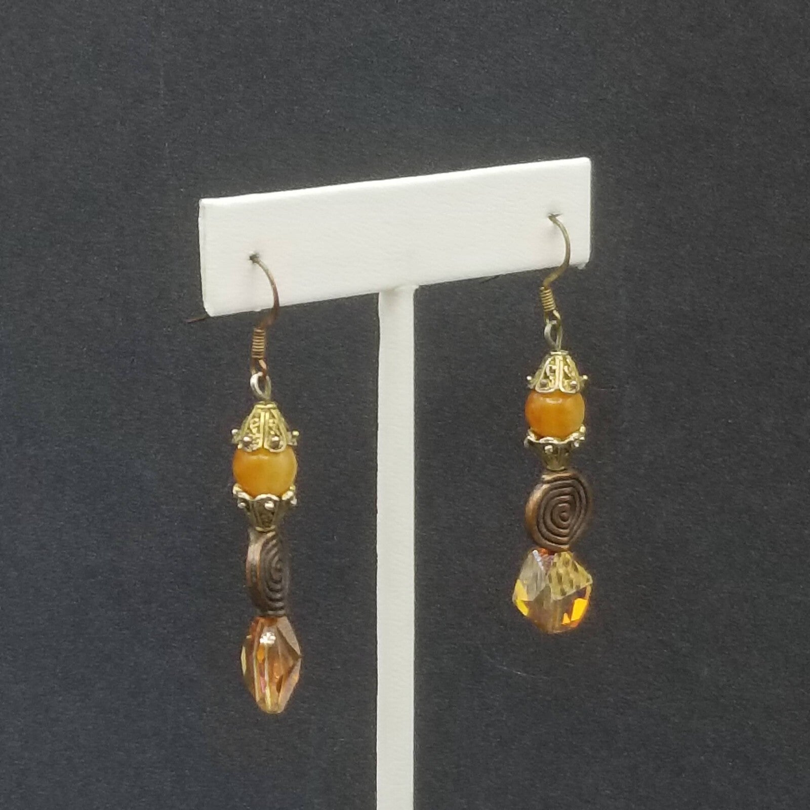 Pierced Earrings Coppertone Metal Faceted Crystal Beaded Dangle 1 1/2"
