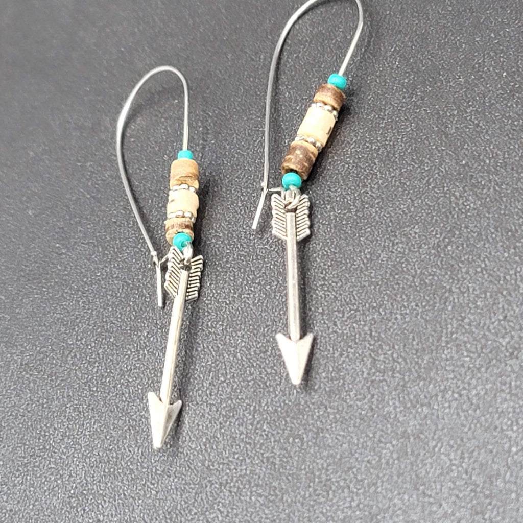 Pierced Earrings Silver tone Beaded Feather Dangle 2.5"