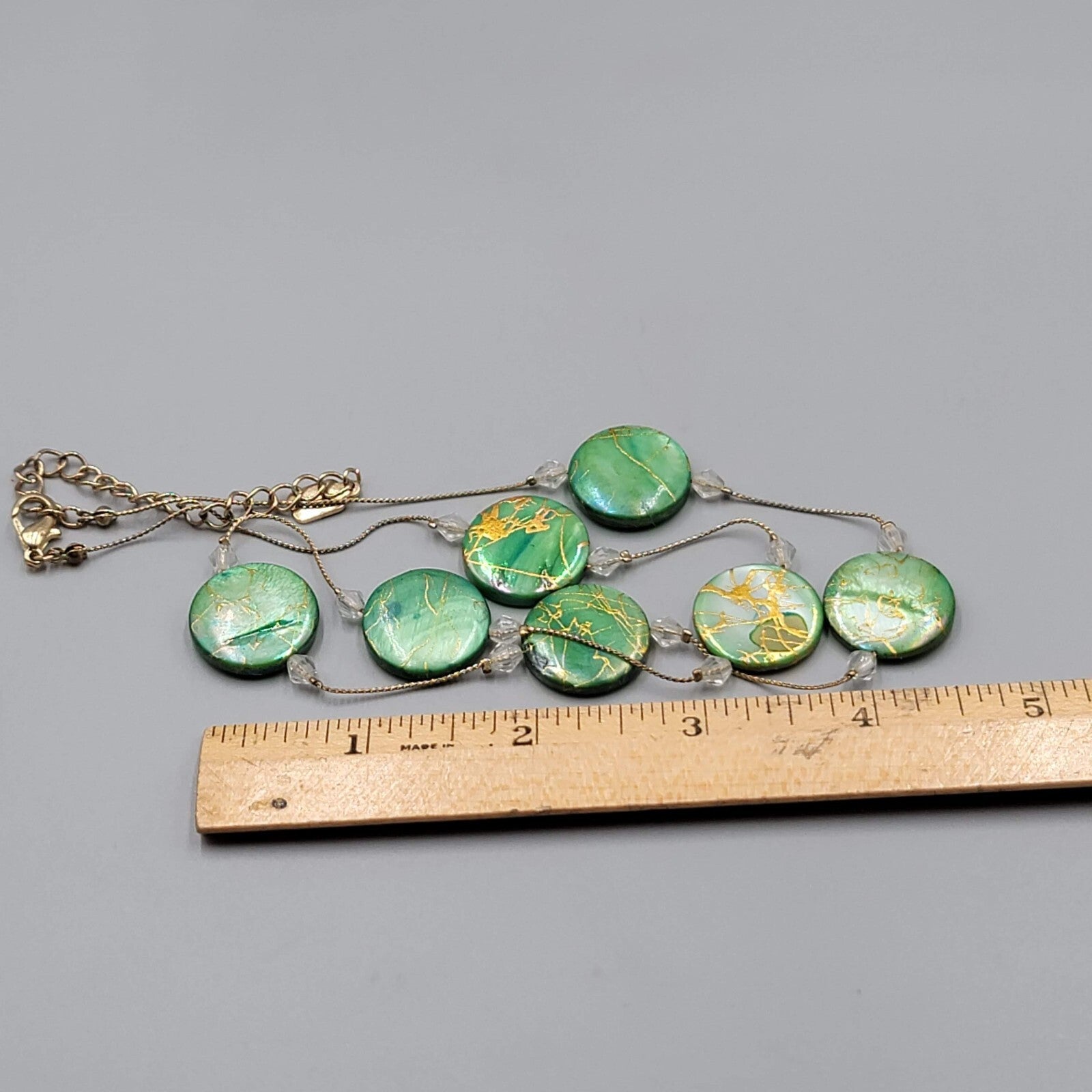 Green Dyed Mother of Pearl Station Bead Necklace 22"+