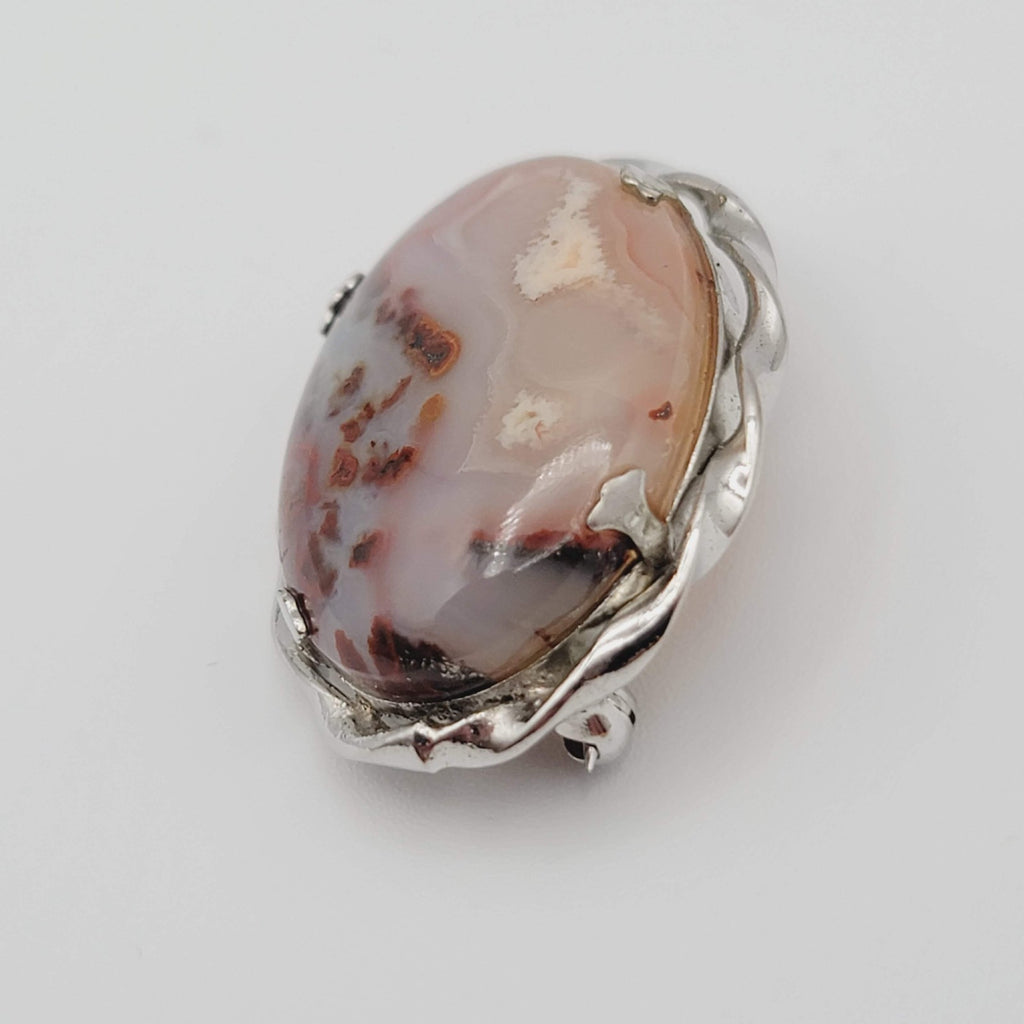 Vintage Natural Stone Lace Agate Brooch Silver Tone Pin 1.25 in