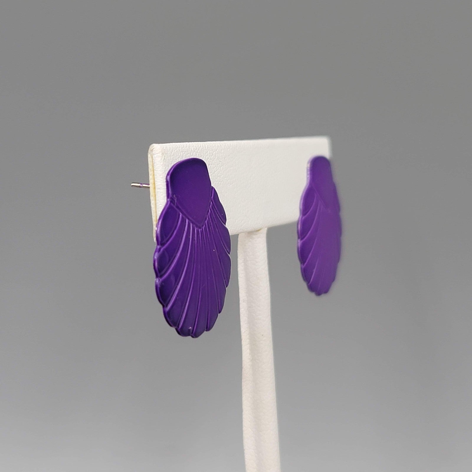 Vintage Purple Enamel Shell Drop  Pierced Earrings 1 in