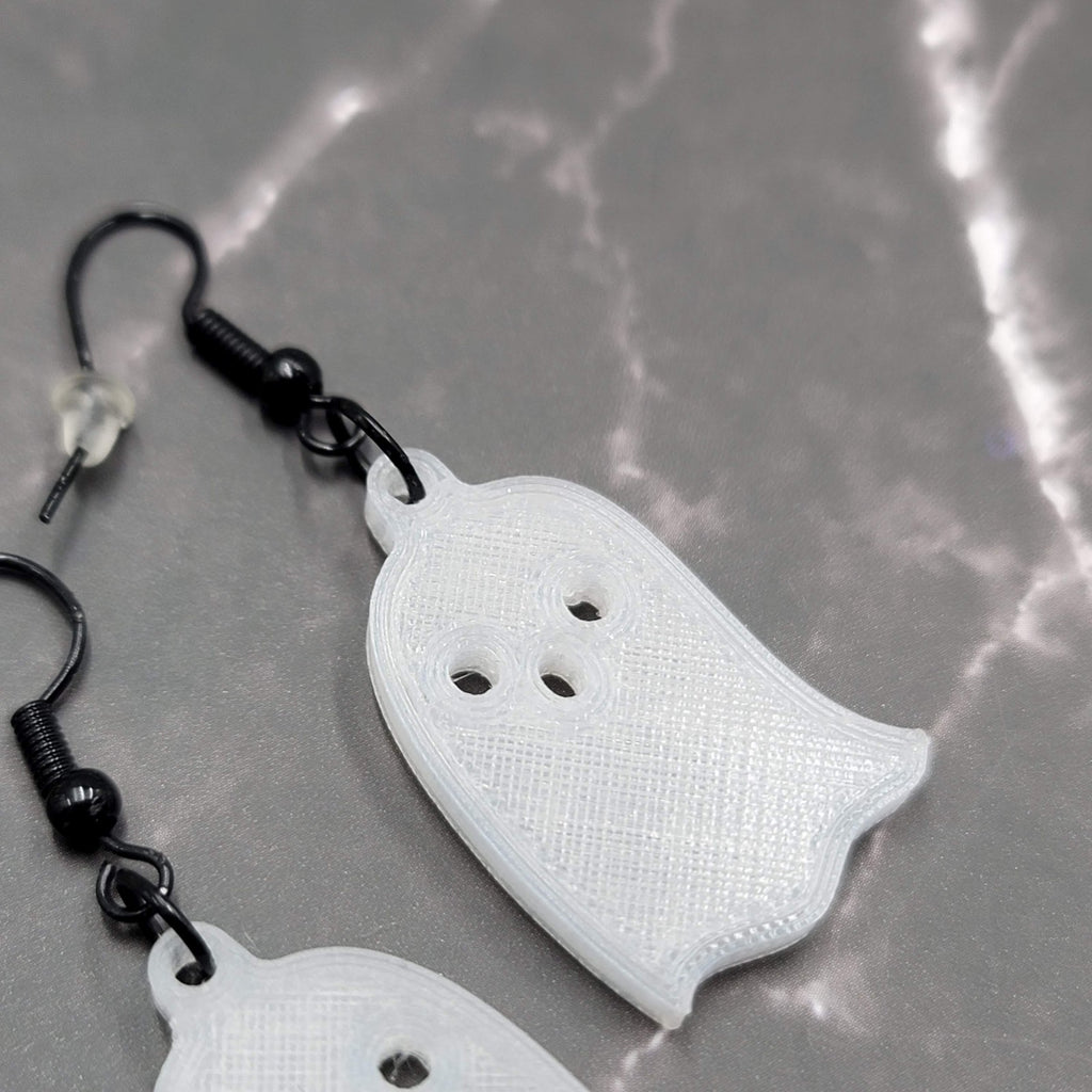 White Acrylic GHOST Pierced Earrings Black Enamel Dangle 1.25"
