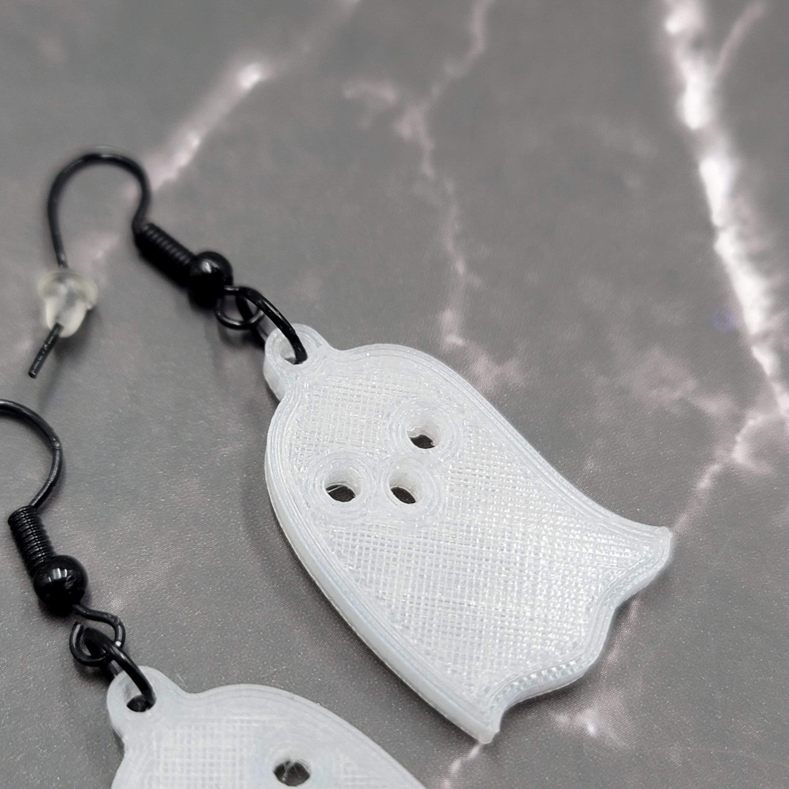 White Acrylic GHOST Pierced Earrings Black Enamel Dangle 1.25"