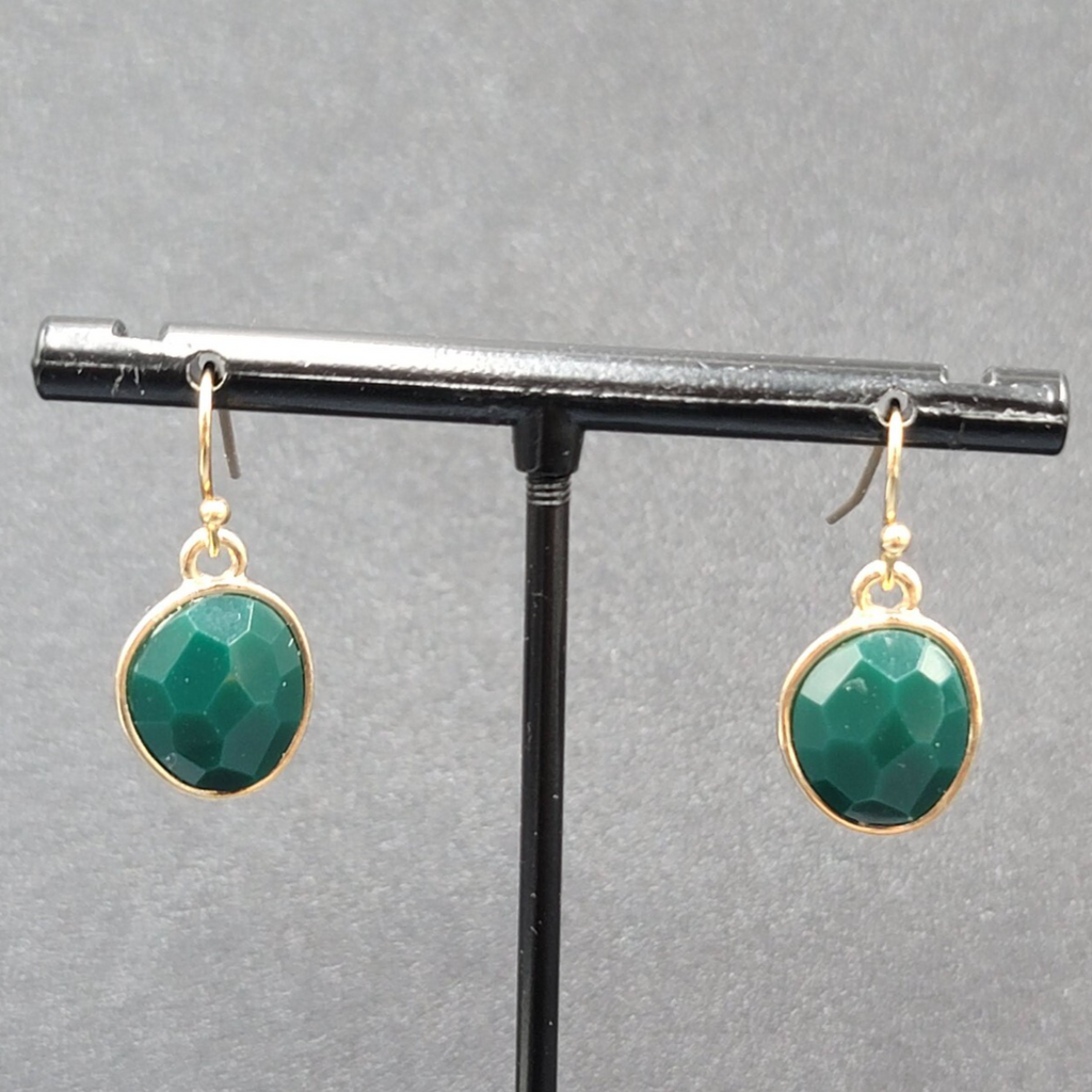Pierced Earrings Gold tone Green Faceted Acrylic Dangle 1/2"