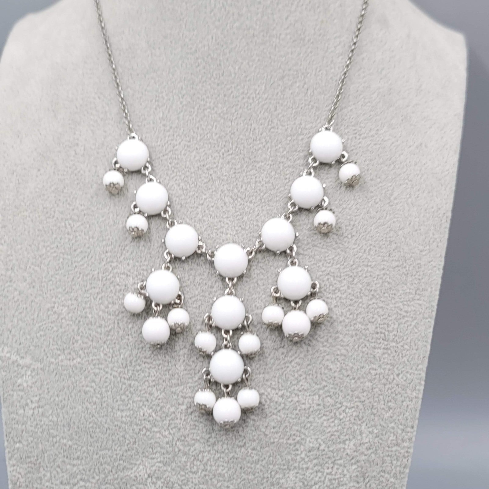 Statement Bib Necklace Silver tone White Acrylic  Silver tone 18"-20"