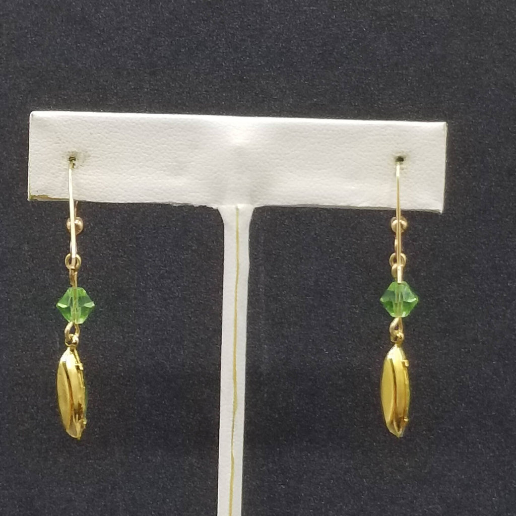 Pierced Earring Gold tone Green Crystal Faceted Bead Statement Dangle 1 1/8"