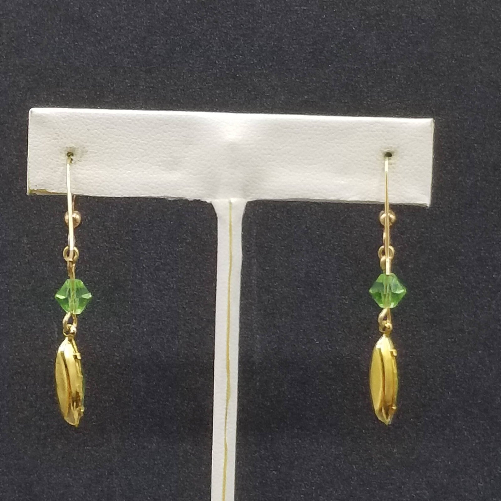 Pierced Earring Gold tone Green Crystal Faceted Bead Statement Dangle 1 1/8"