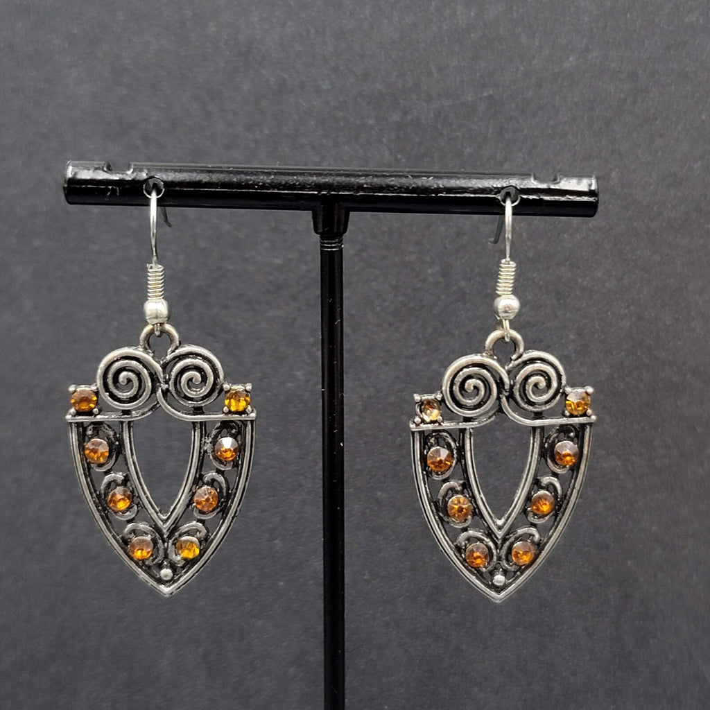 Pierced Earrings Silver tone Orange Rhinestone Dangle 1 3/8"