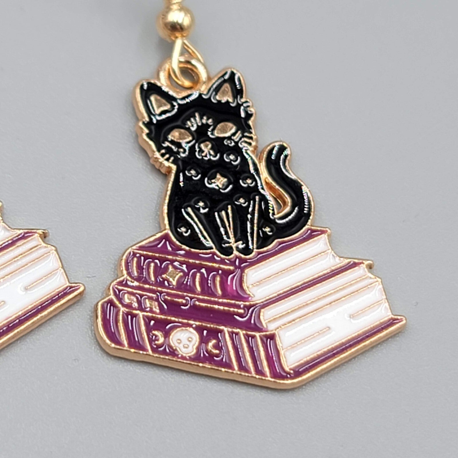 Black Cat Purple Books Pierced Earrings Enamel Gold tone Dangle New 1"