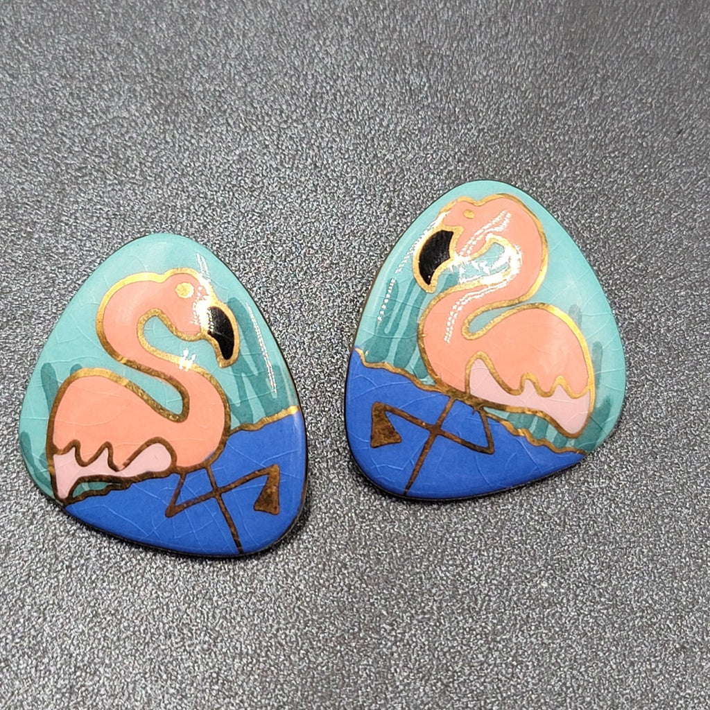 Vintage Flamingo Pierced Earrings Ceramic Hand Painted Drop 1.5"