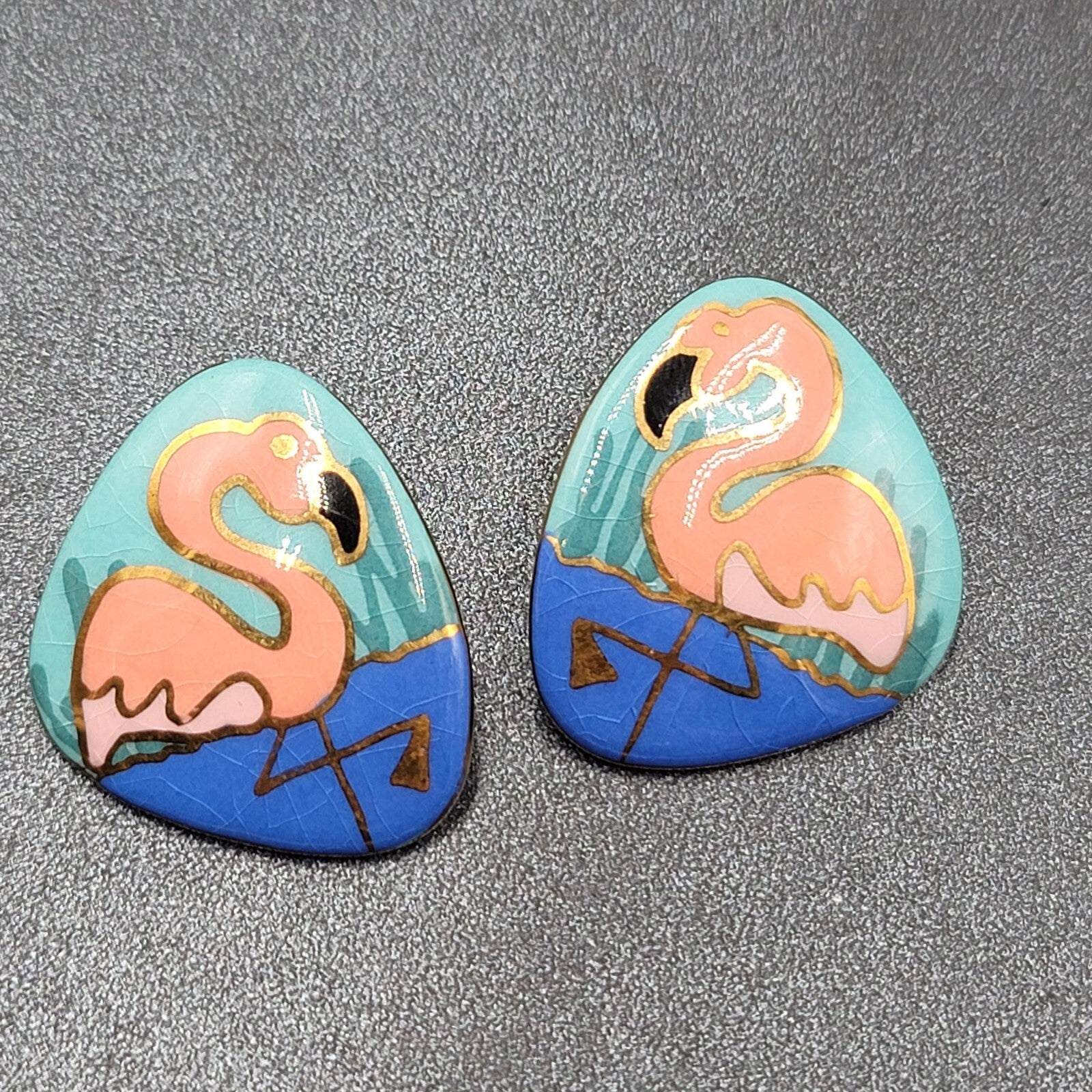 Vintage Flamingo Pierced Earrings Ceramic Hand Painted Drop 1.5"