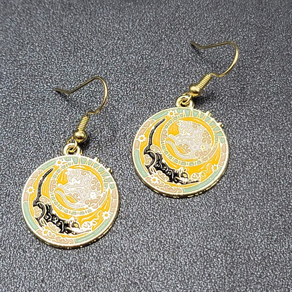 Pierced Earrings Gold tone Enamel Black Cat White Cat Sun Moon Dangle 1"