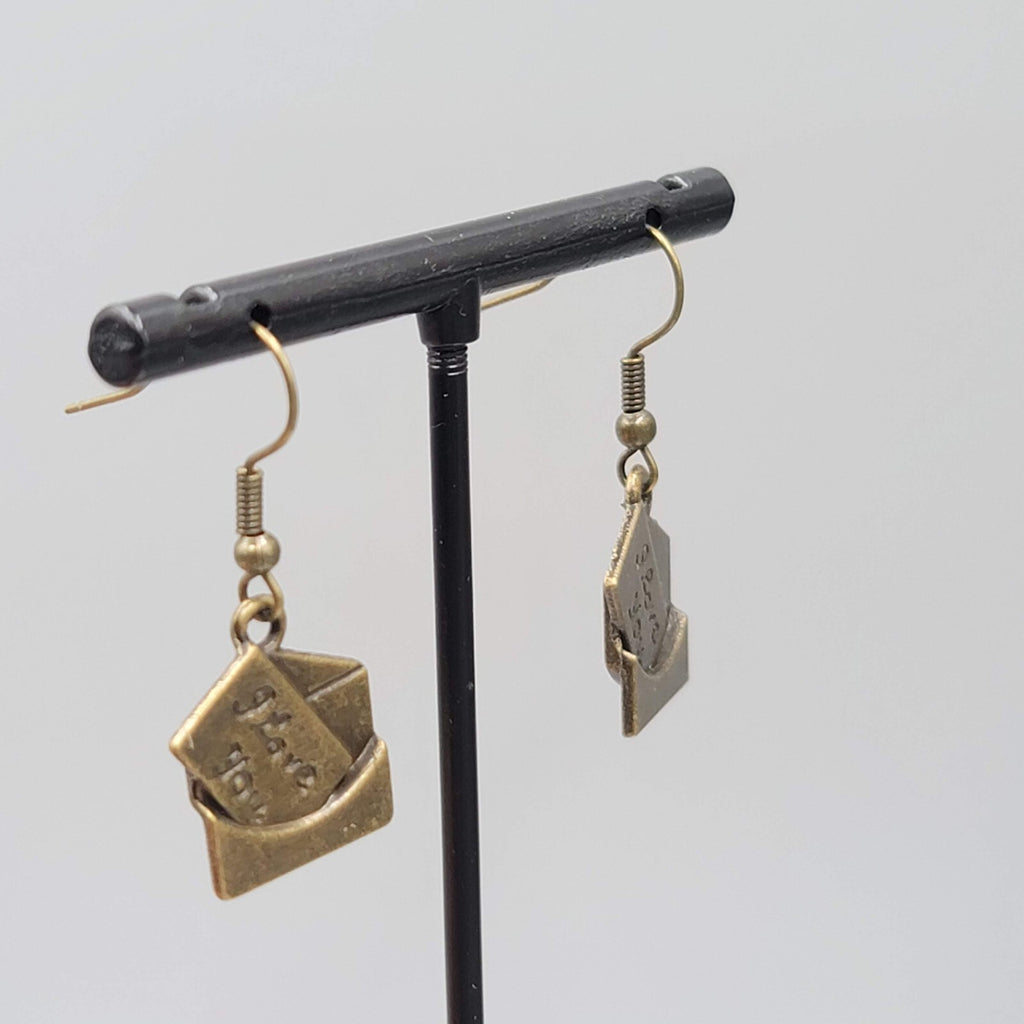 Love Note Pierced Earrings Bronze tone Dangle Embossed 3/4"