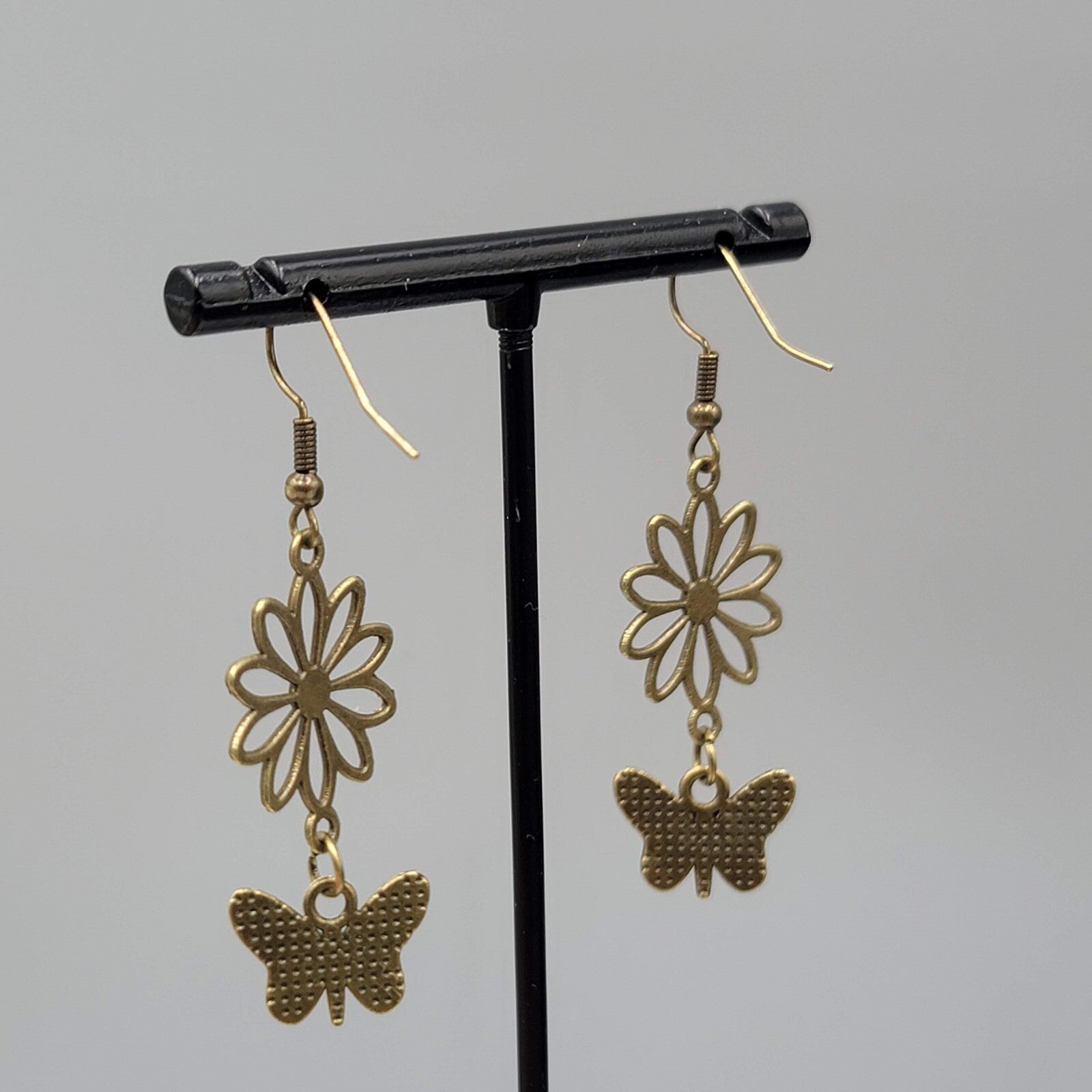 Butterly Flower Pierced Earrings Bronze tone Dangle NEW 1.5"