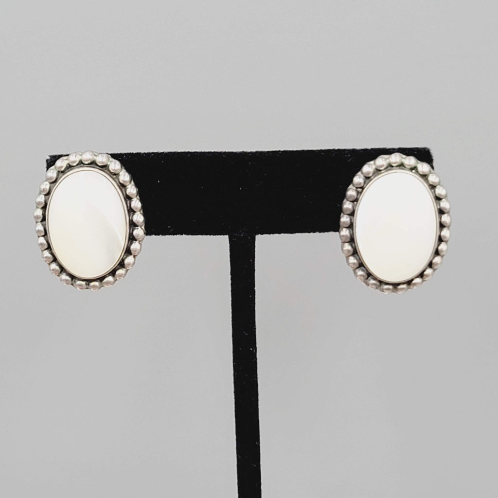 Vintage Signed ATI Mexico Sterling Silver MOP Pierced Earrings Mother of Pearl