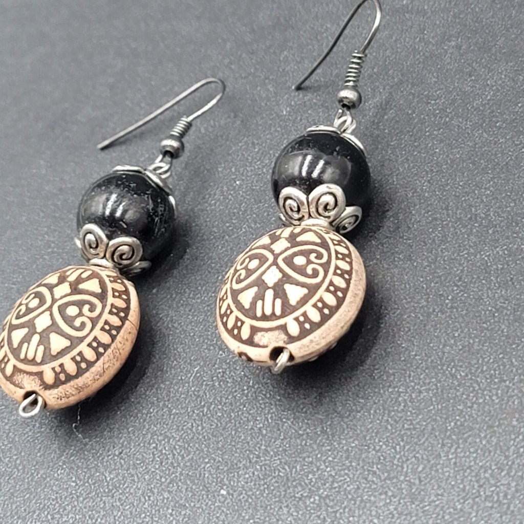 Pierced Earrings Silver tone Black Ornate Beaded Dangle 1.5"