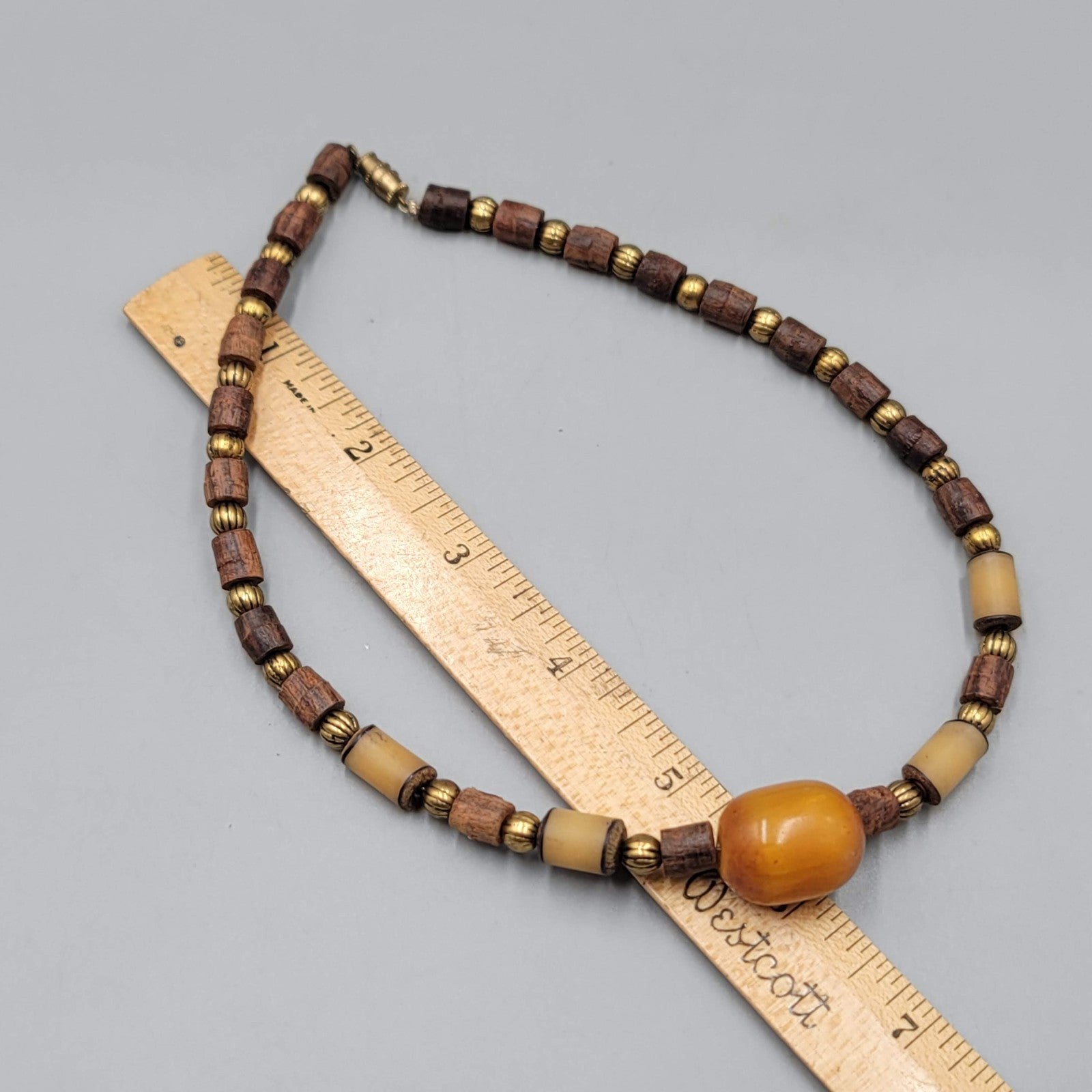 Vintage Wood Nut Brass Bead Necklace Unisex Ethnic 16 in