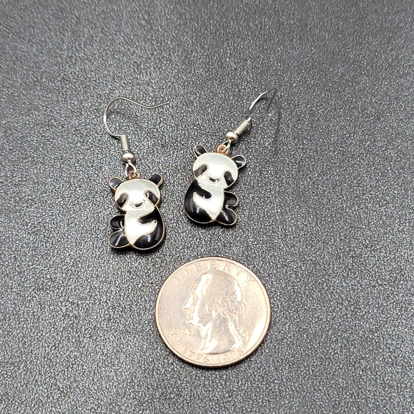 Panda Sterling Silver Pierced Earrings Enamel Dangle 3/4"