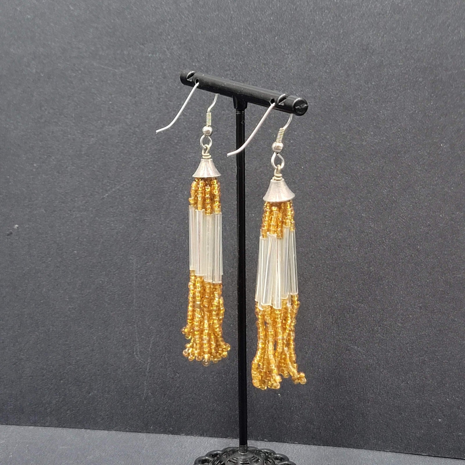 Pierced Earrings Silver tone Orange Seed Bead Multi Strand Dangle 2.5"