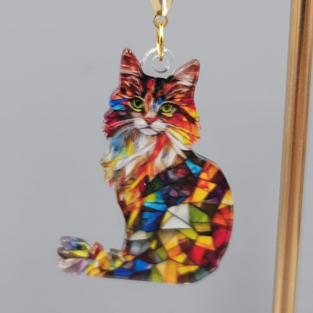 Mosiac Kitty Cat Pierced Earrings Multicolor  Acrylic Dangle Gold tone Hook 1.5"