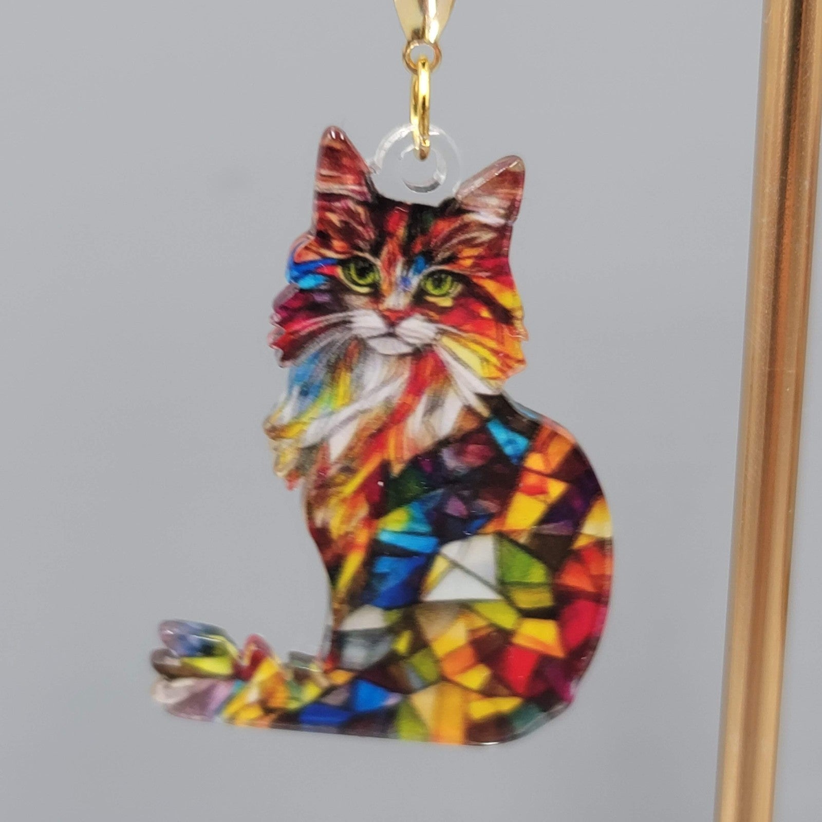 Mosiac Kitty Cat Pierced Earrings Multicolor  Acrylic Dangle Gold tone Hook 1.5"