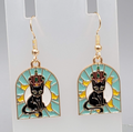 Kitty Cat in the Sun Enamel Pierced Earrings Gold tone Dangle 1 1/8"