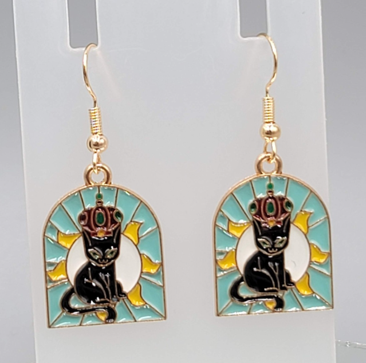 Kitty Cat in the Sun Enamel Pierced Earrings Gold tone Dangle 1 1/8"