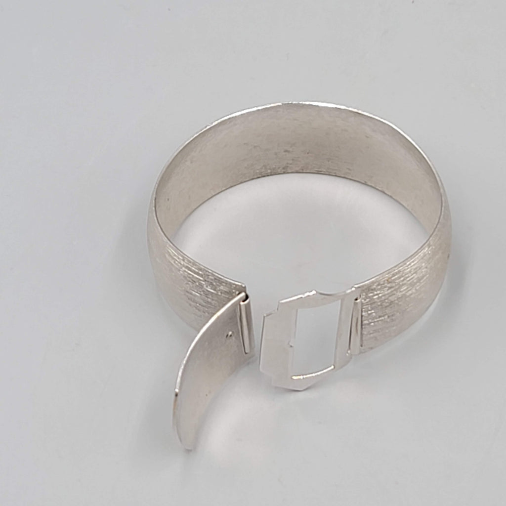 Vintage Buckle Bangle Bracelet Textured Silver tone 7 in