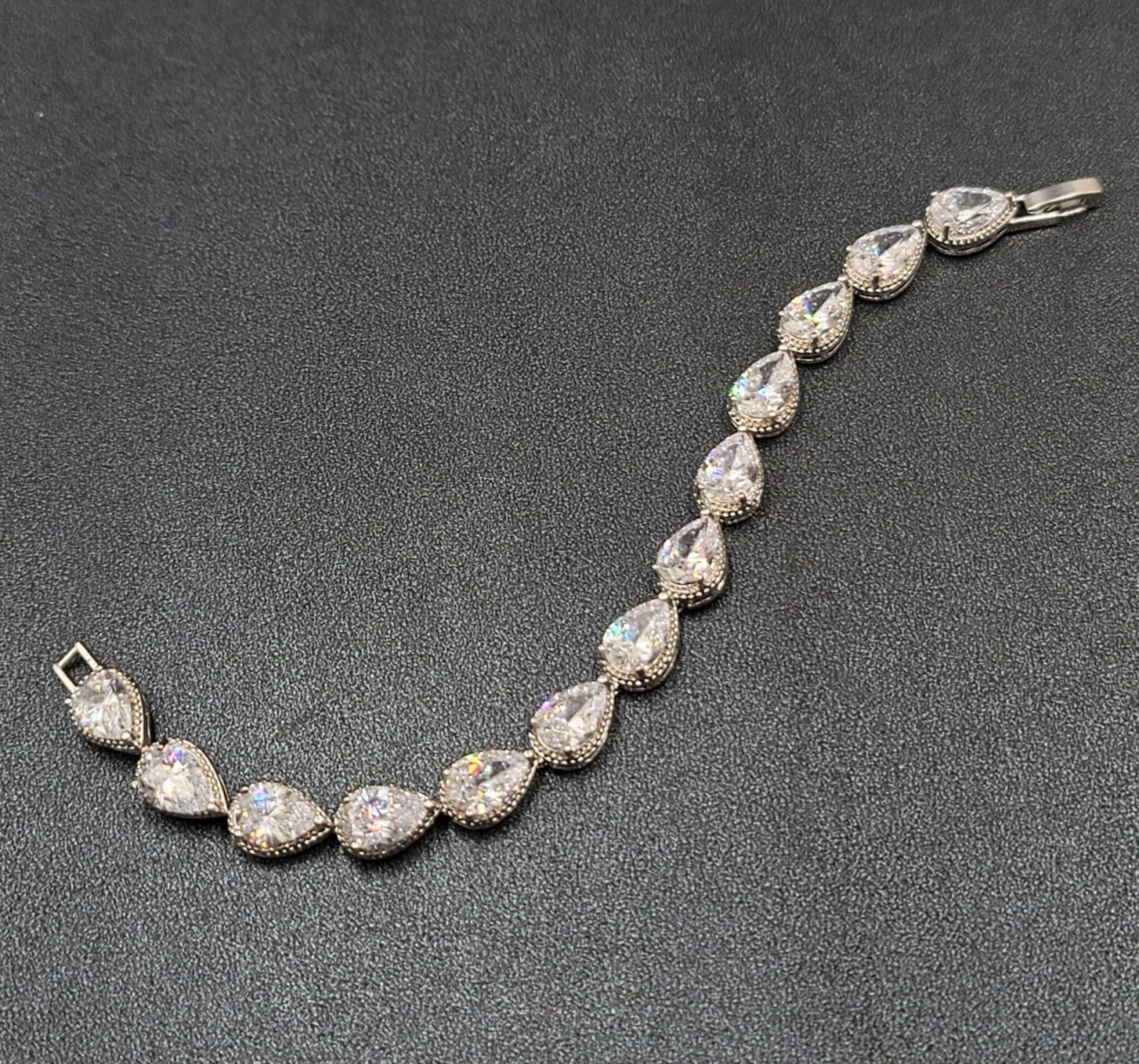 Silver Plated Pear Cut Cubic Zircon Bridal Tennis Bracelet Wedding Jewelry 6.75"