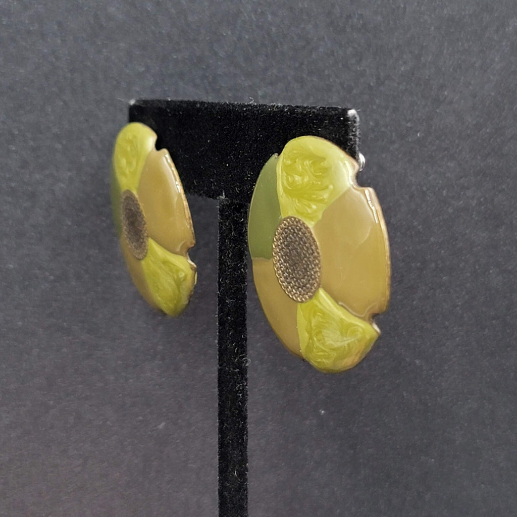 Flower Pierced Earrings Green Enamel Bronze tone Drop 1.25"
