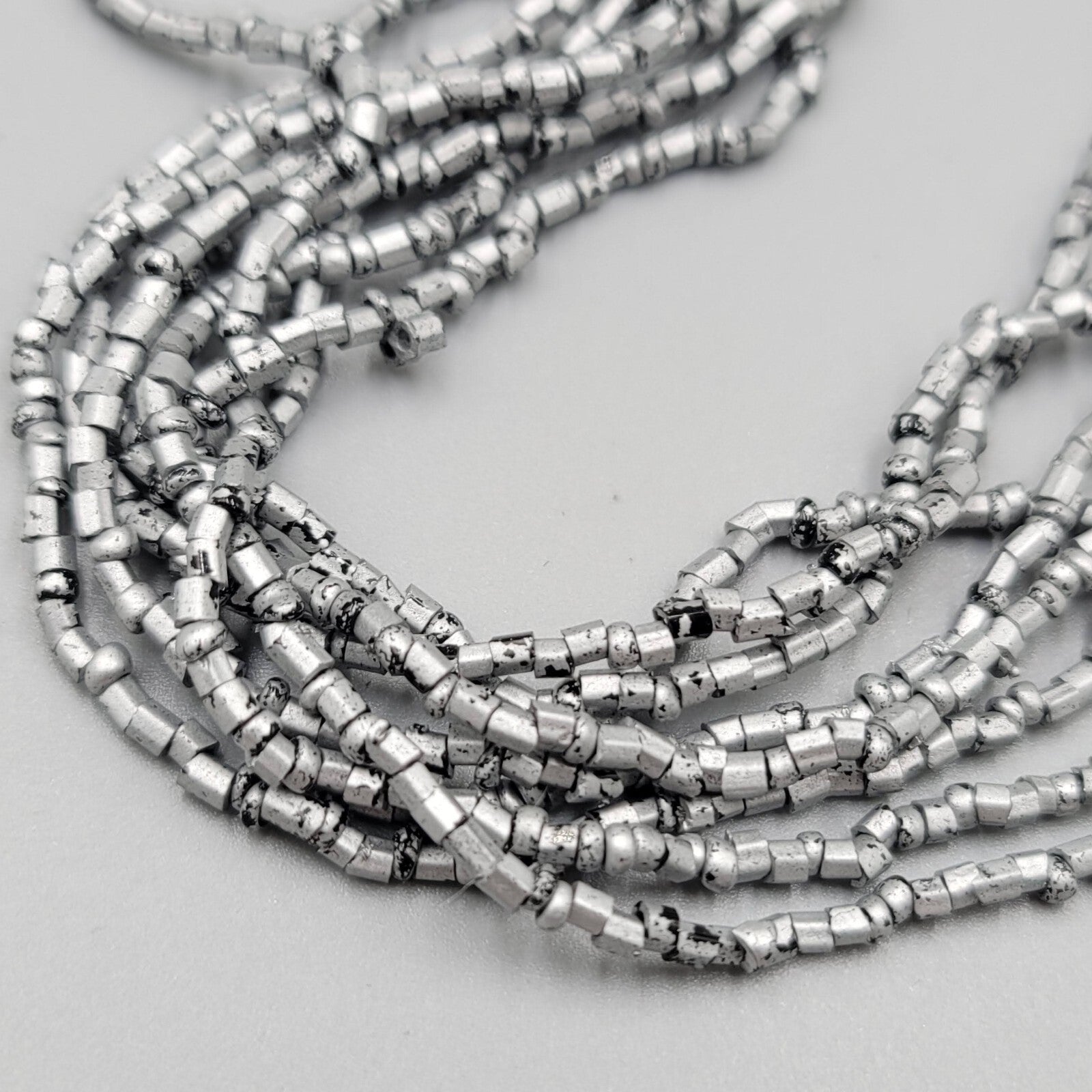 Multi Strand Bead Necklace Gray Silver Black Seed Bead 8 Strand LONG 36"