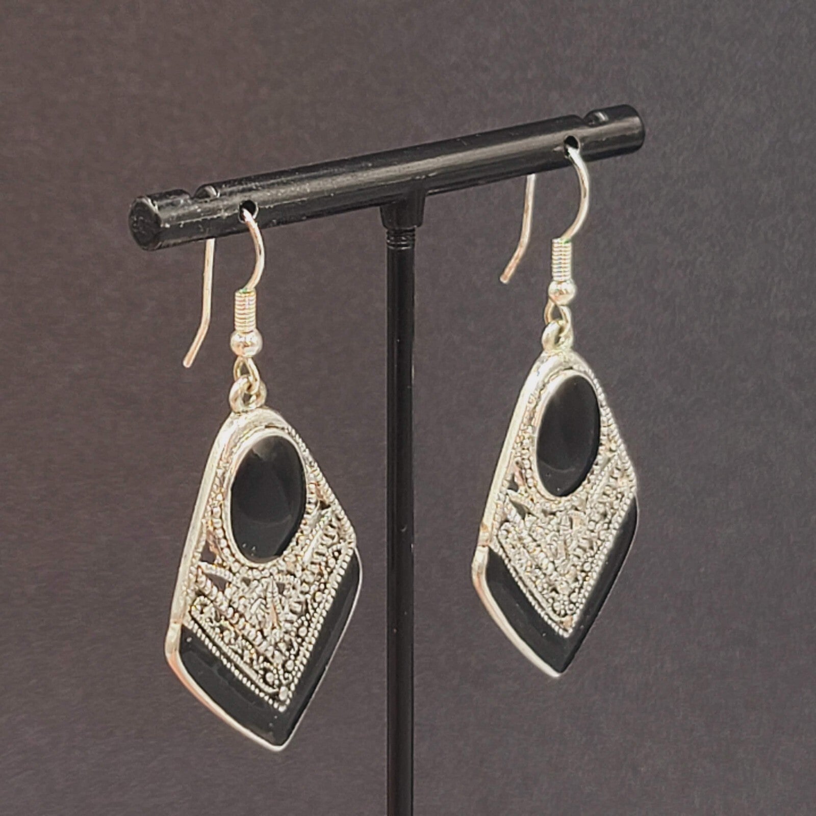 Pierced Earrings Silver tone Dangle Black Enamel Filigree 1.5"