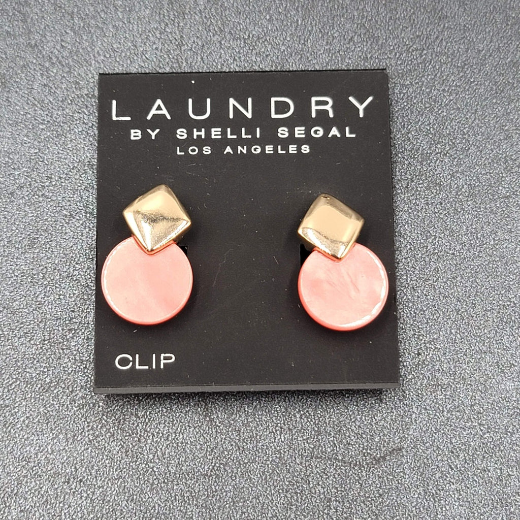 Laundry by Shelli Segal Clip on Earrings Gold tone Pink Mother of Pearl Drop 1"