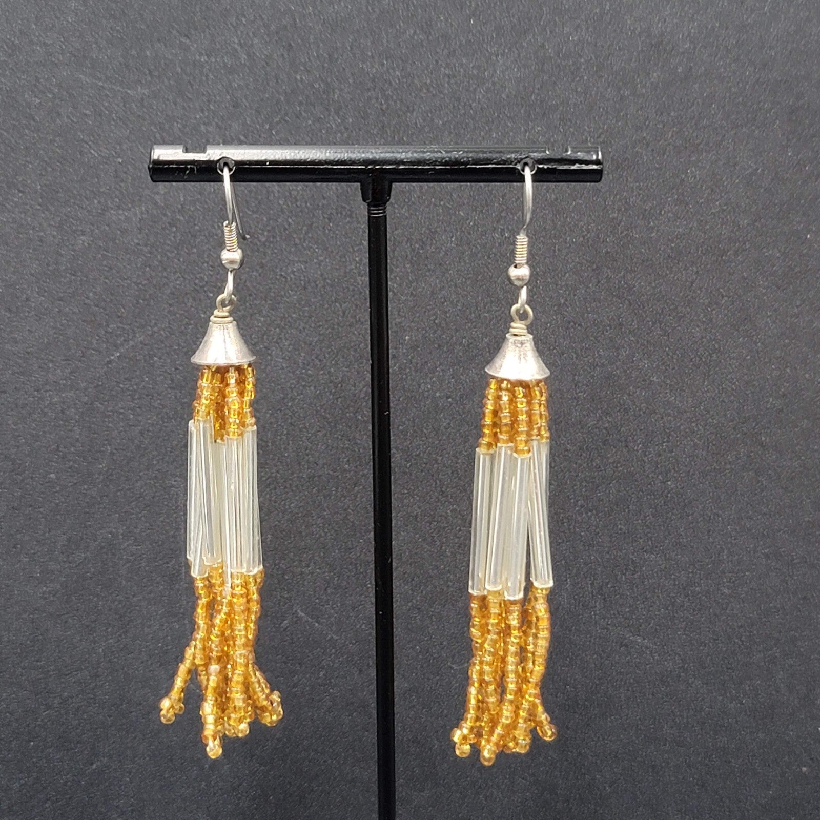 Pierced Earrings Silver tone Orange Seed Bead Multi Strand Dangle 2.5"