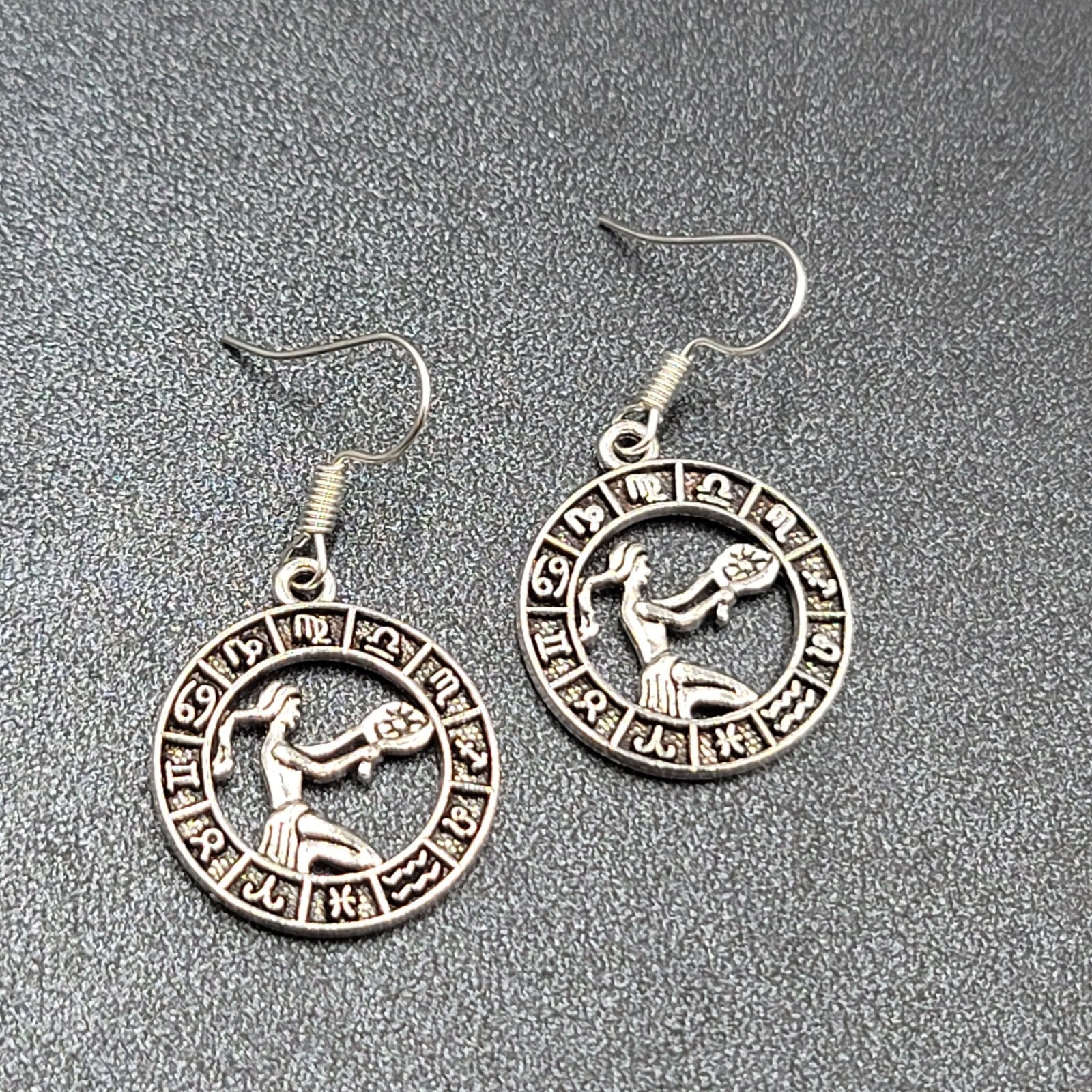 Zodiac Pierced Earrings Silver tone Dangle 7/8"