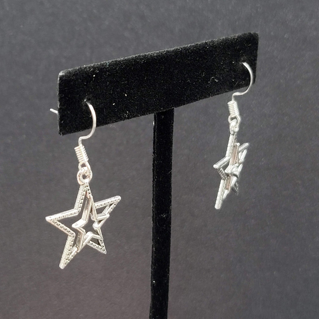 Pierced Earrings Silver tone Dangle Double Open Star 7/8"